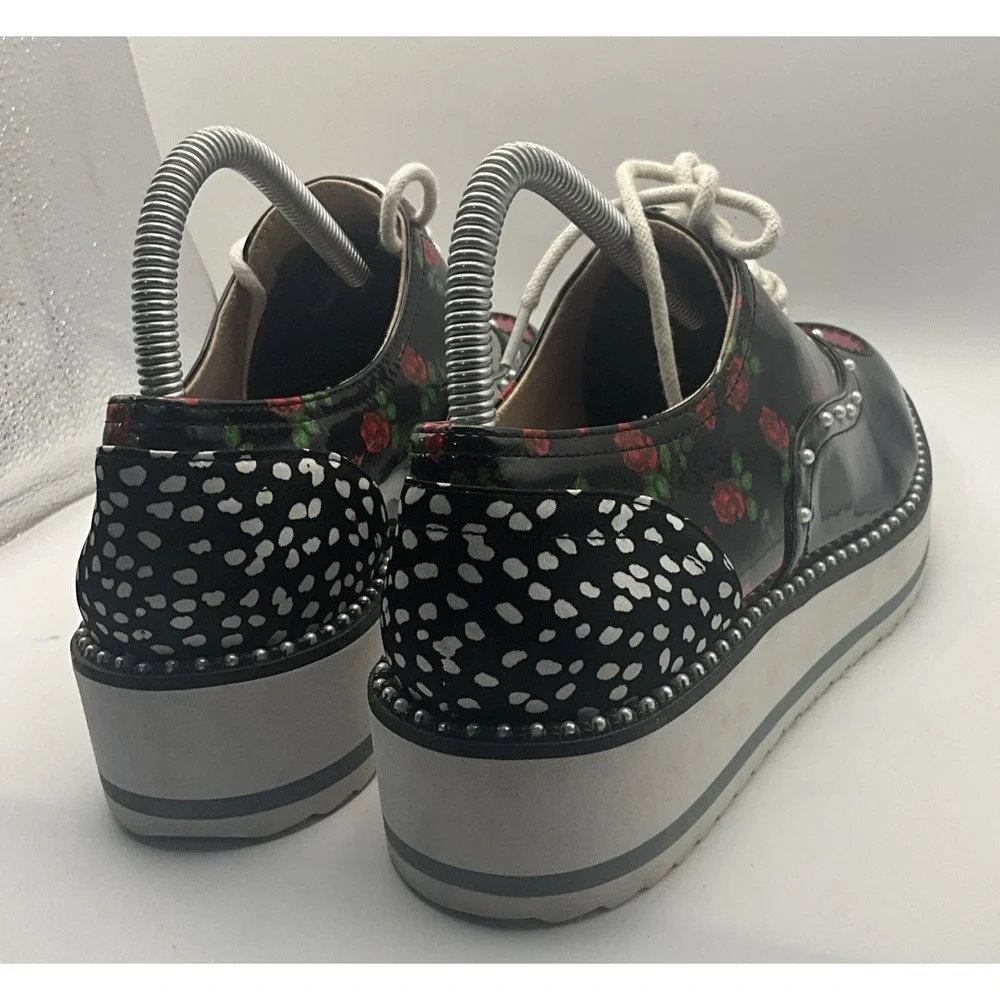 Betsey Johnson Marti Platform Oxford Shoes 7.5 Patent Leather Punk Pearls Hearts